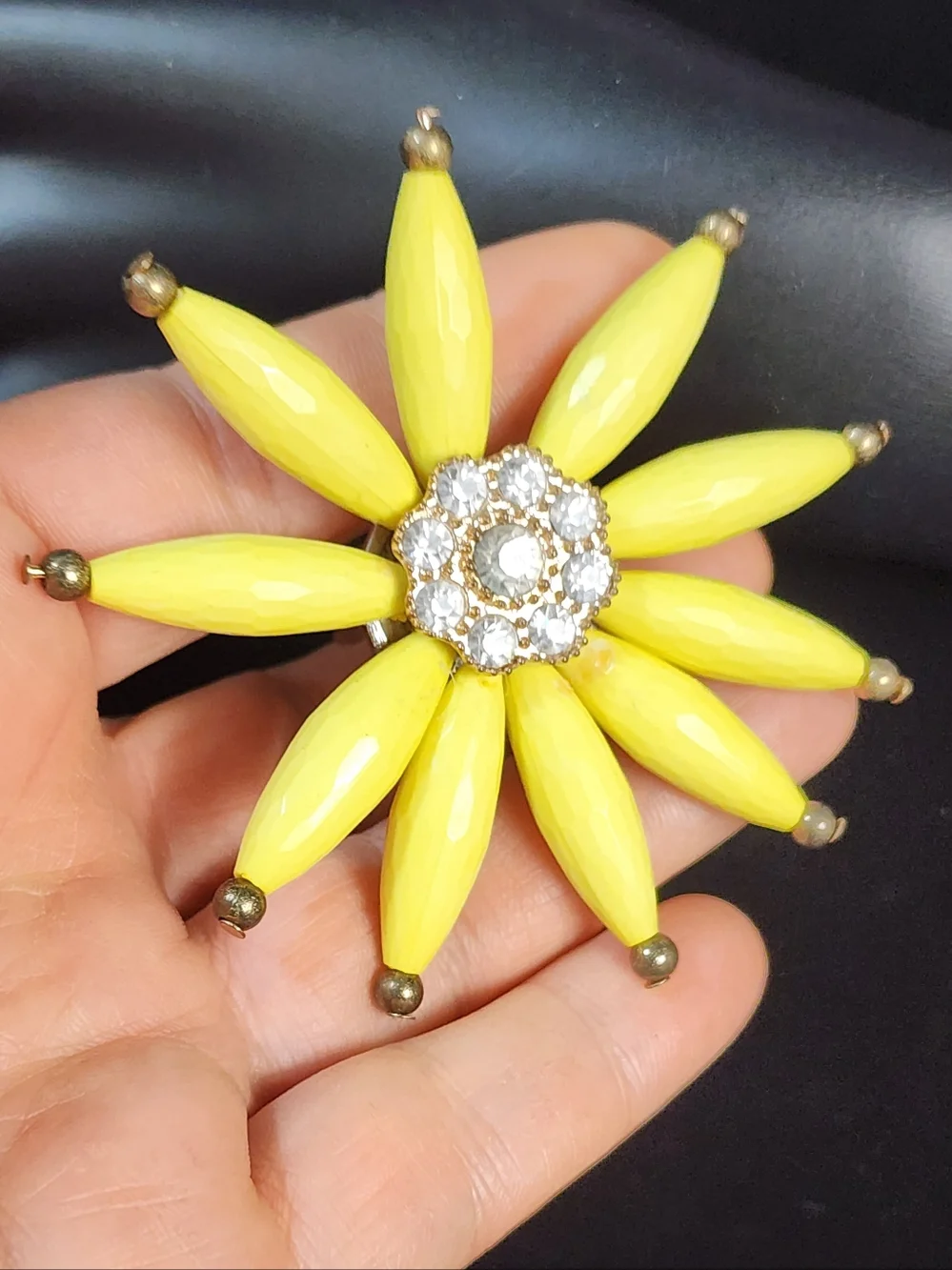 Vintage 1980s Statement Daisy Ring Yellow Enamel Rhinestone Center Oversized